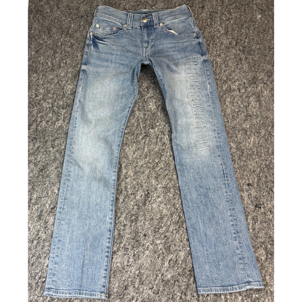 True Religion Ricky Relaxed Straight Jeans Mens 30 Light Wash Embossed Logo Blue